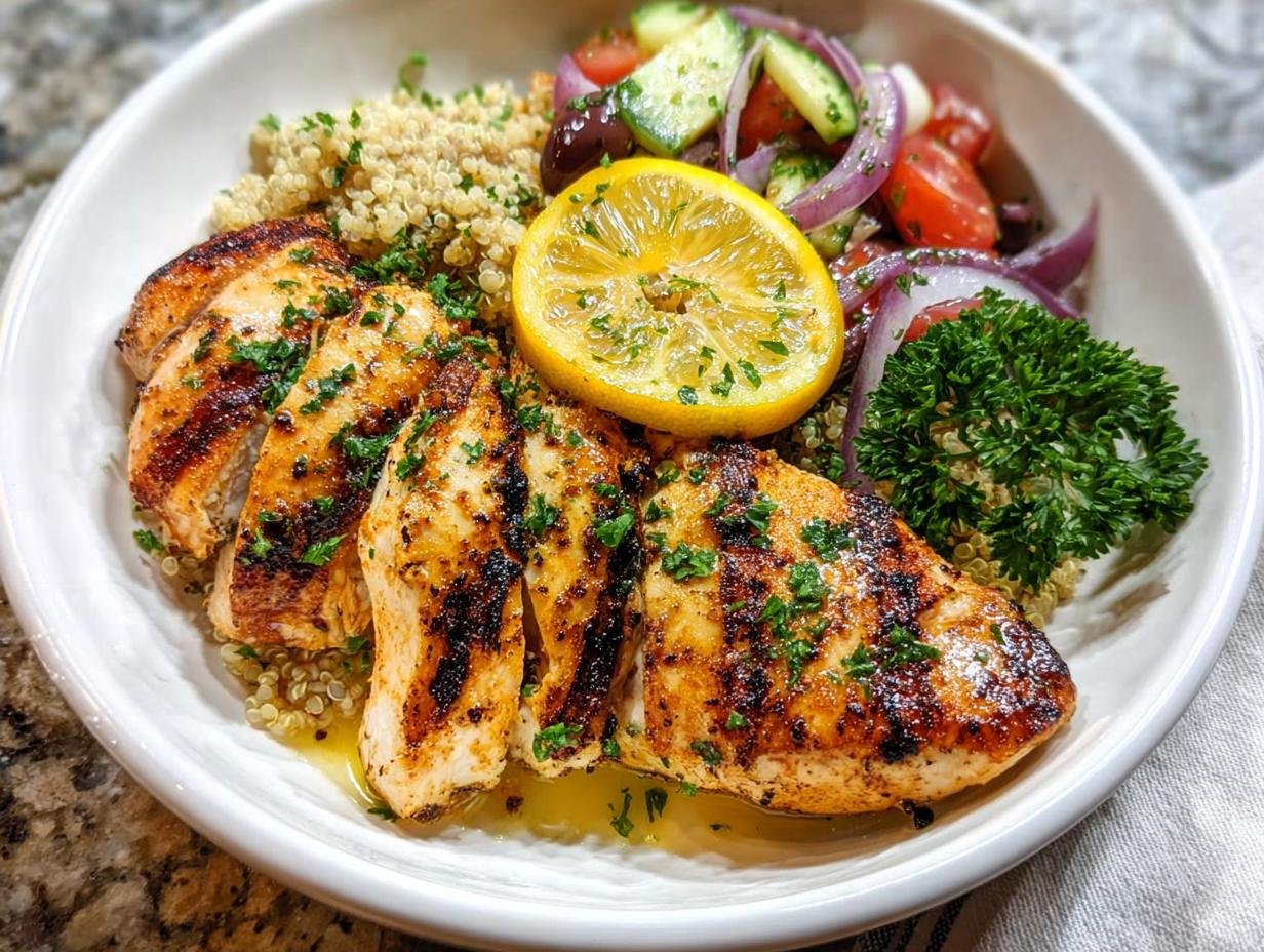 A close-up of a Grilled Lemon Chicken Bowl featuring sliced grilled chicken, quinoa, a lemon slice, and a fresh salad.