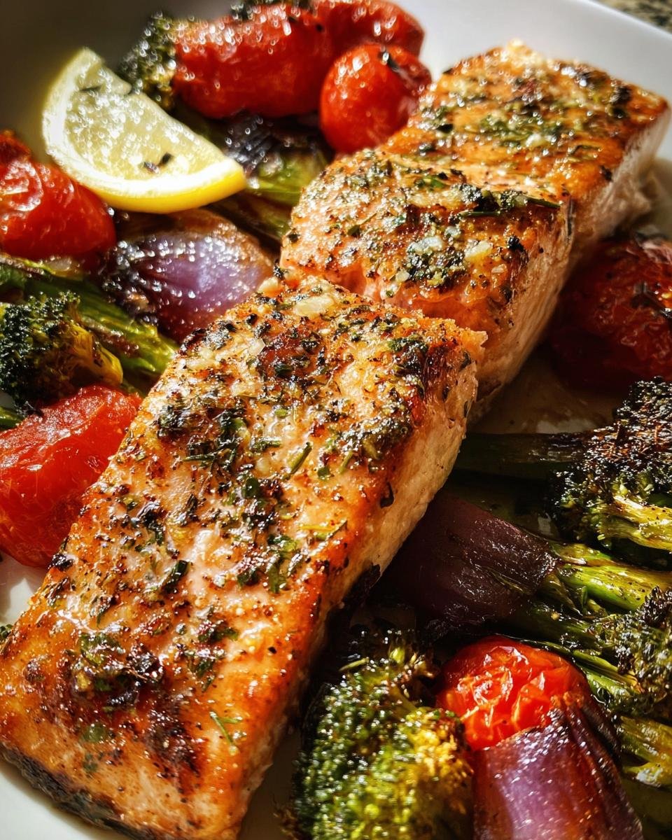 Close-up of perfectly cooked Healthy Baked Salmon & Veggies, featuring flaky salmon fillets, roasted cherry tomatoes, broccoli, and red onion, with a lemon wedge.