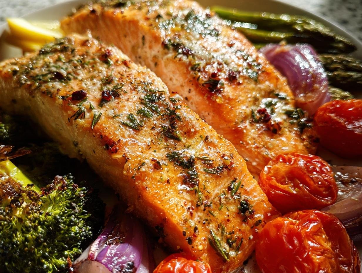Close-up of two perfectly cooked fillets of Healthy Baked Salmon & Veggies, seasoned with herbs and spices, alongside roasted cherry tomatoes, broccoli, and red onion.
