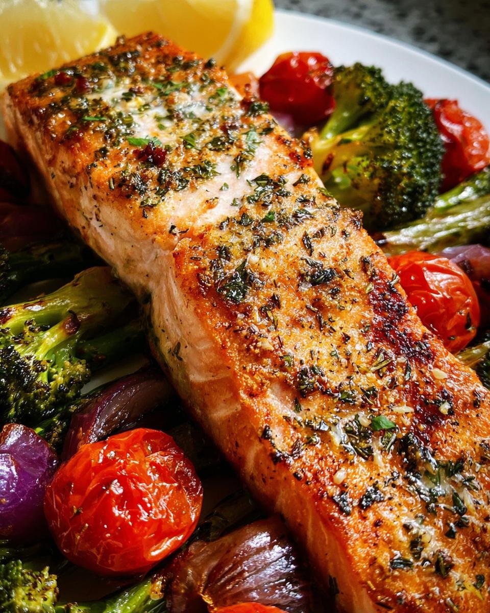 A close-up shot of a perfectly cooked fillet of Healthy Baked Salmon & Veggies, seasoned with herbs.