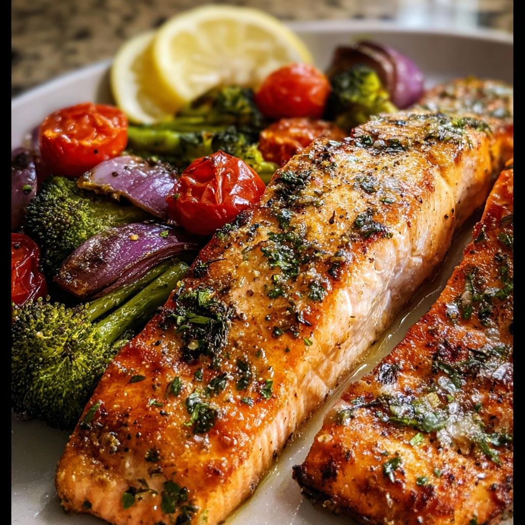 Close-up of a delicious Healthy Baked Salmon & Veggies dish, featuring flaky salmon fillets with roasted broccoli, cherry tomatoes, and red onion.