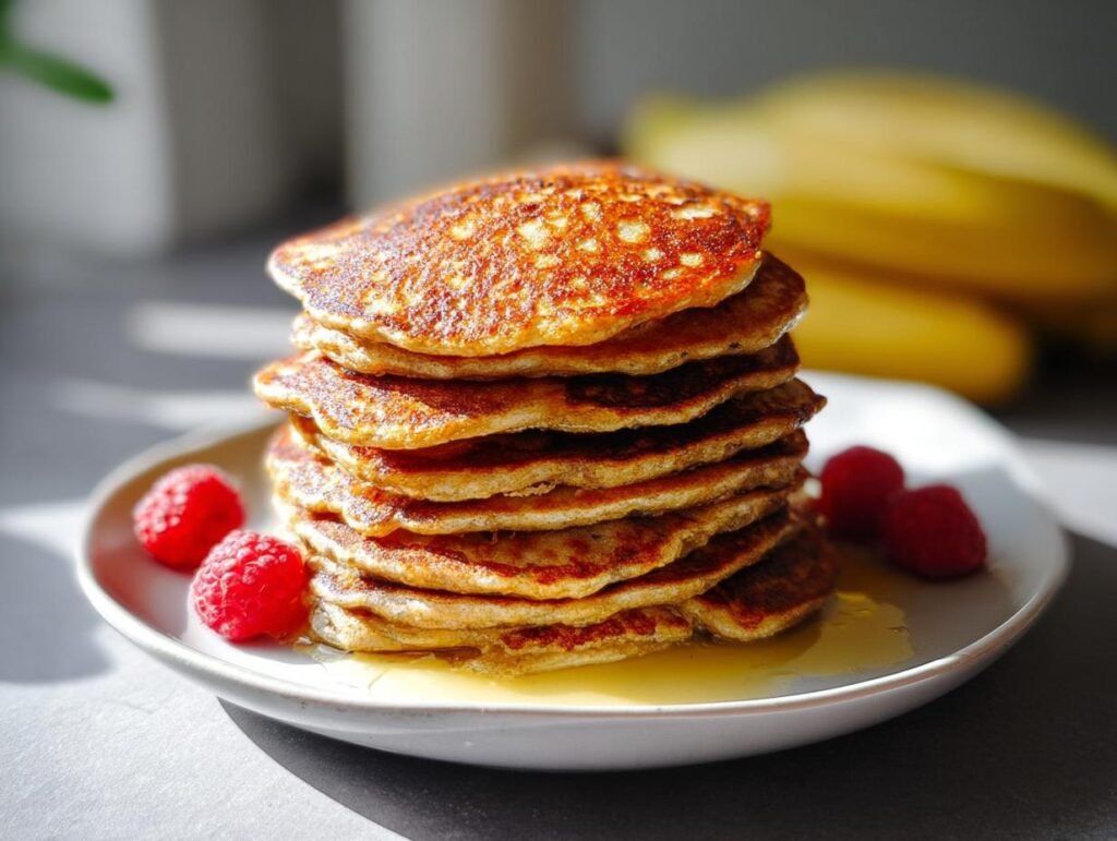 A tall stack of fluffy Healthy Banana Oat Pancakes drizzled with syrup and garnished with raspberries.
