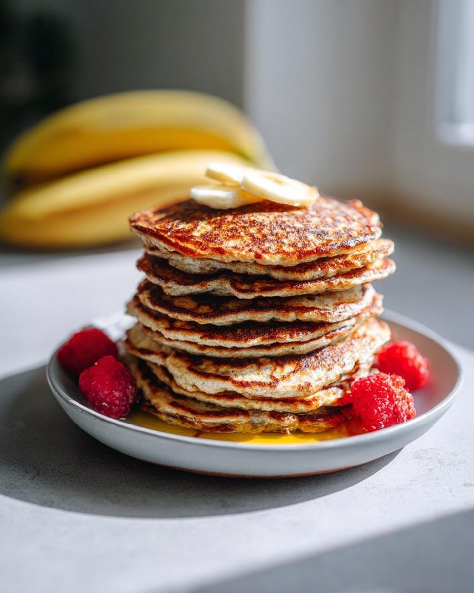 A tall stack of Healthy Banana Oat Pancakes topped with banana slices and surrounded by raspberries.