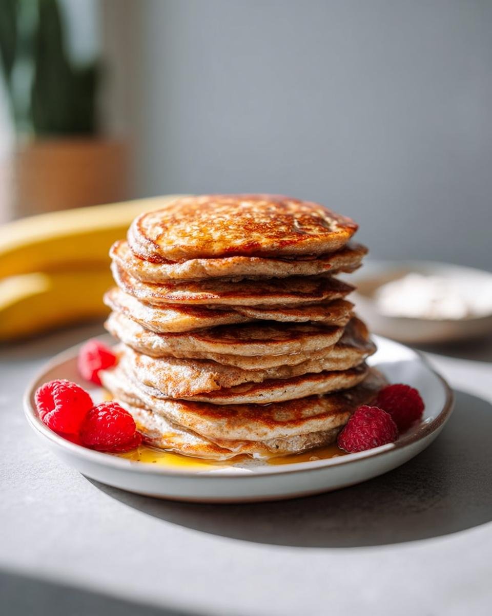 A tall stack of golden brown Healthy Banana Oat Pancakes drizzled with syrup and garnished with fresh raspberries.