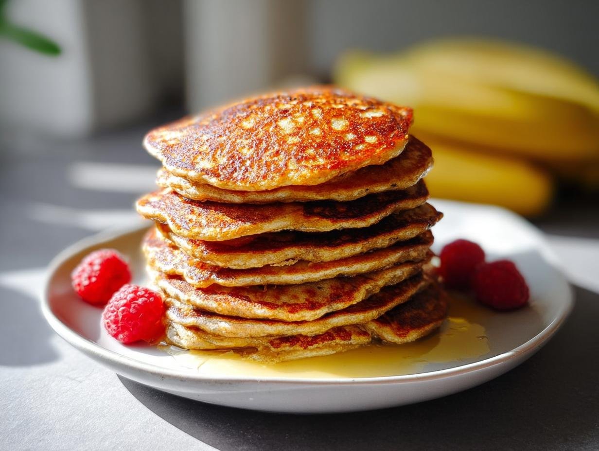 A tall stack of fluffy Healthy Banana Oat Pancakes drizzled with syrup and garnished with raspberries.