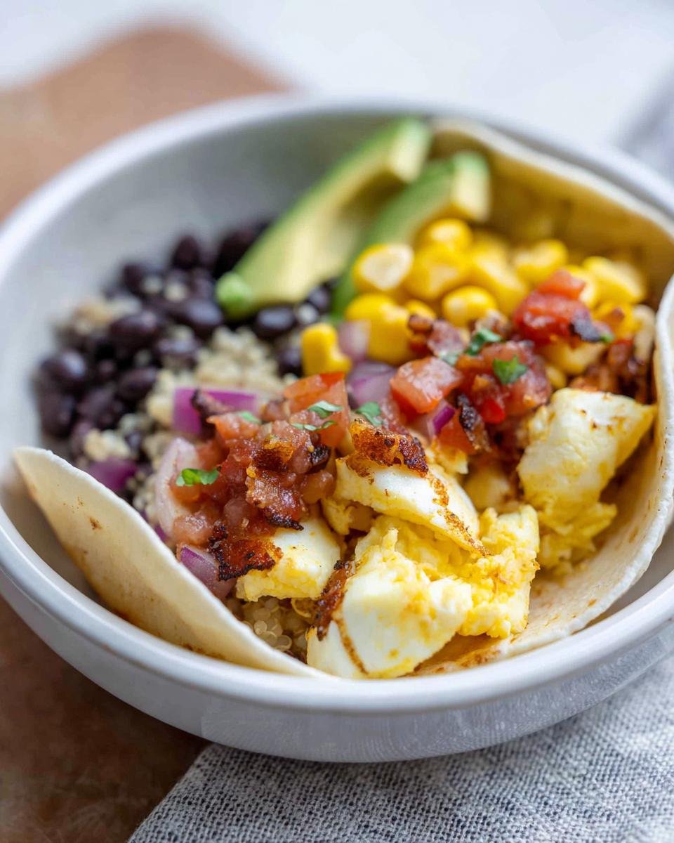 A close-up of a Healthy Breakfast Burrito Bowl filled with scrambled eggs, black beans, corn, salsa, avocado, and quinoa, served in a tortilla.