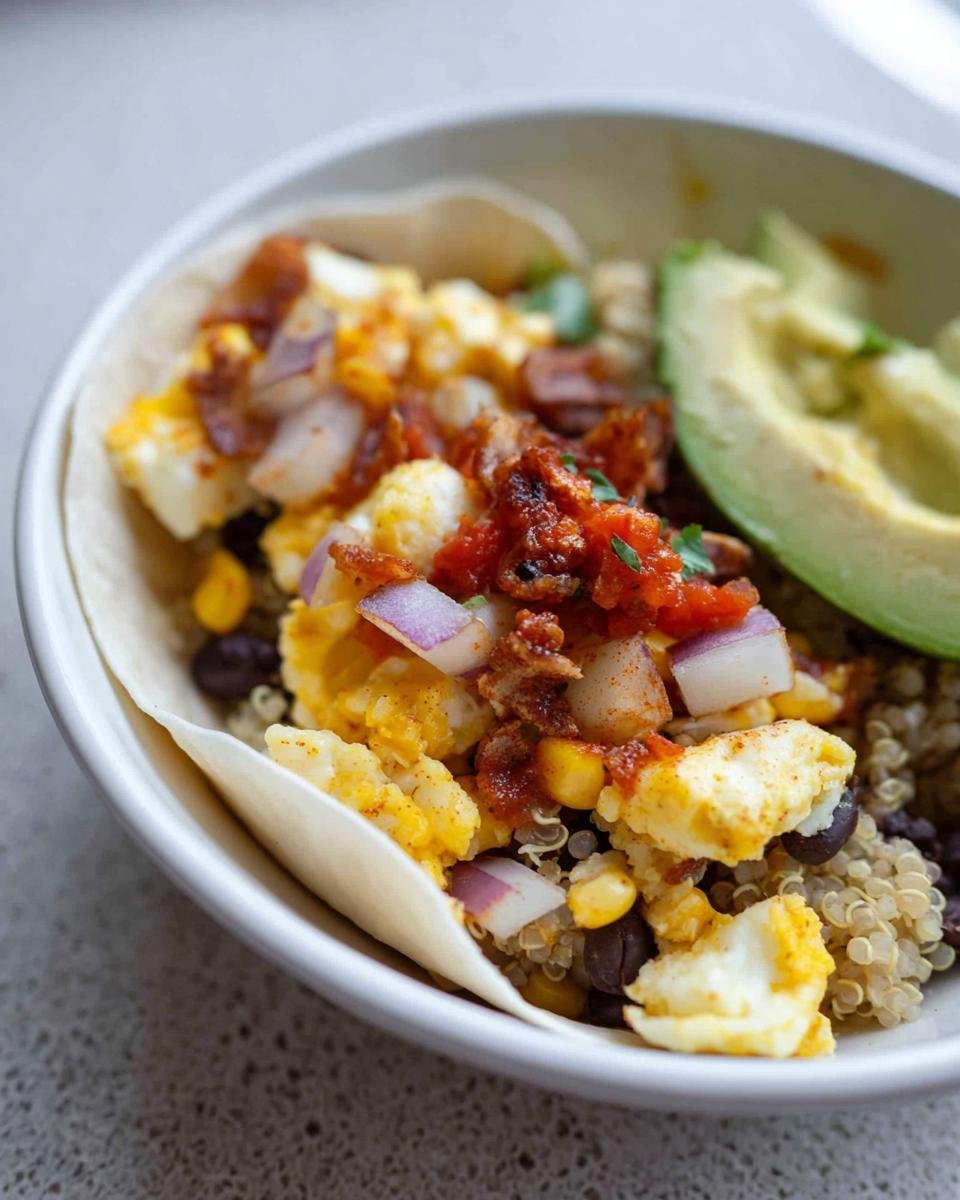 Close-up of a Healthy Breakfast Burrito Bowl with scrambled eggs, black beans, corn, quinoa, salsa, red onion, and avocado.