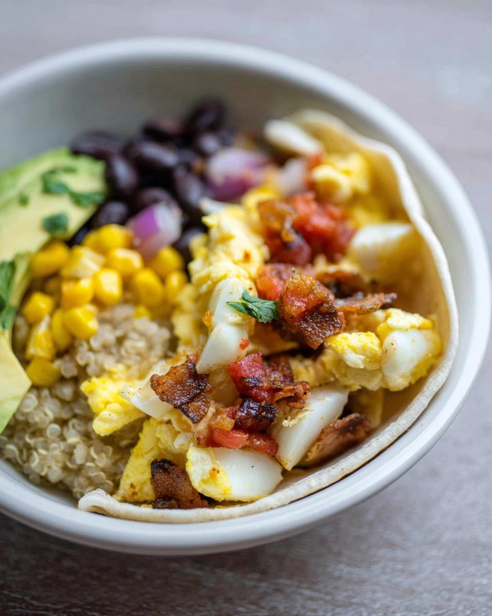 A delicious Healthy Breakfast Burrito Bowl filled with scrambled eggs, crispy bacon, black beans, corn, avocado, and quinoa.