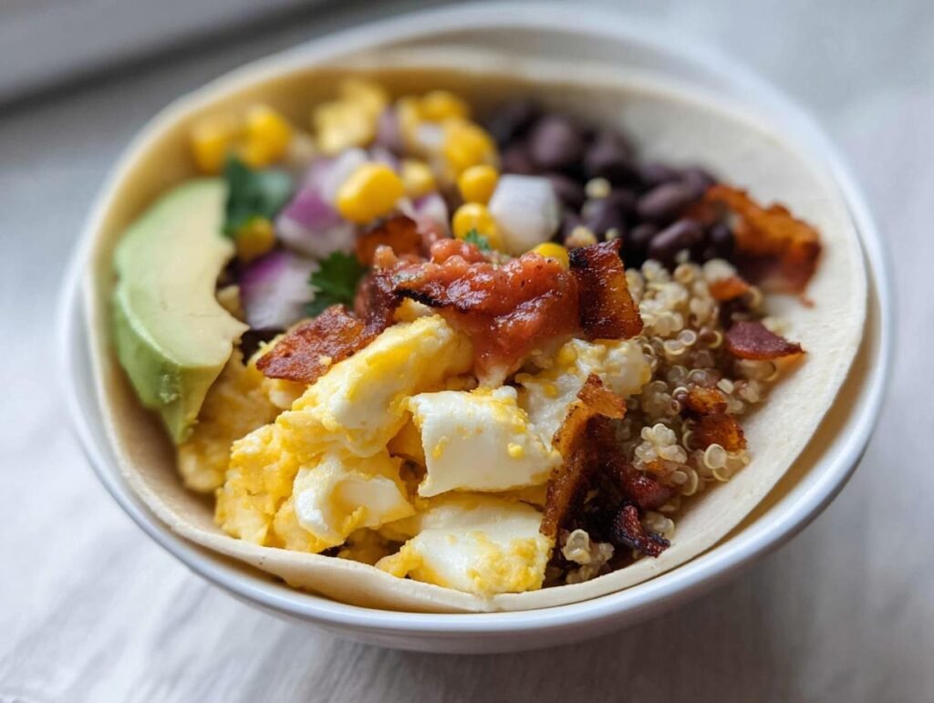 A delicious Healthy Breakfast Burrito Bowl filled with scrambled eggs, bacon, black beans, corn, avocado, and salsa.