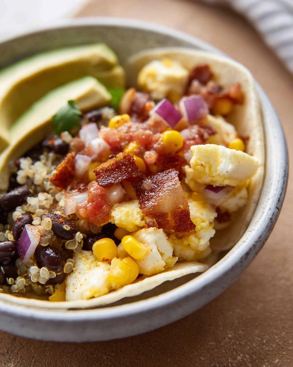 A close-up of a Healthy Breakfast Burrito Bowl filled with scrambled eggs, black beans, quinoa, corn, bacon, and avocado slices.