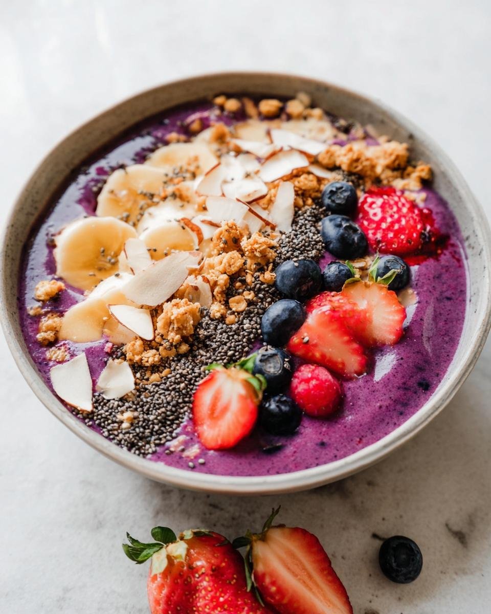 A vibrant Healthy Breakfast Smoothie Bowl topped with fresh strawberries, blueberries, banana slices, chia seeds, and granola.
