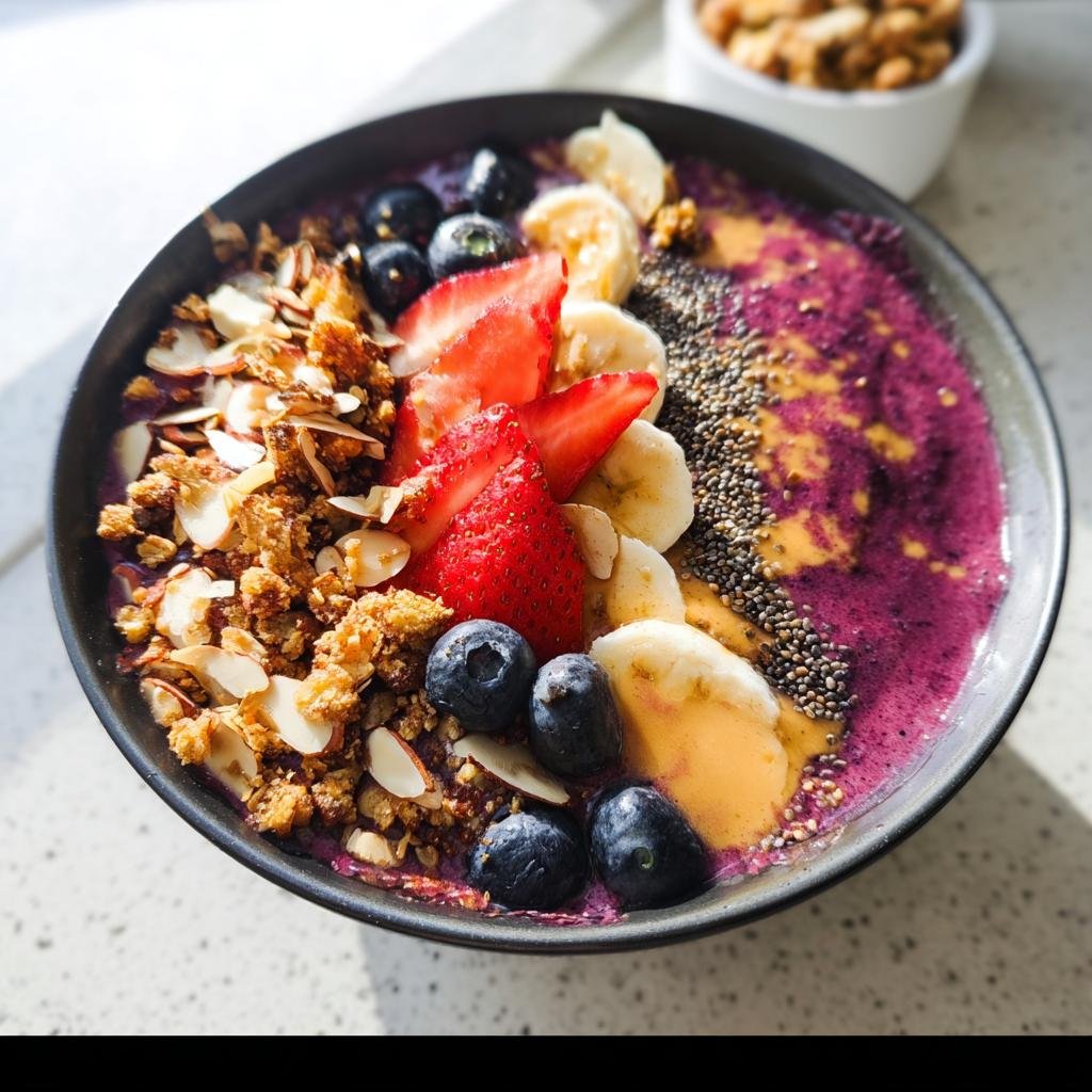A vibrant Healthy Breakfast Smoothie Bowl topped with strawberries, blueberries, banana slices, granola, almonds, and chia seeds.