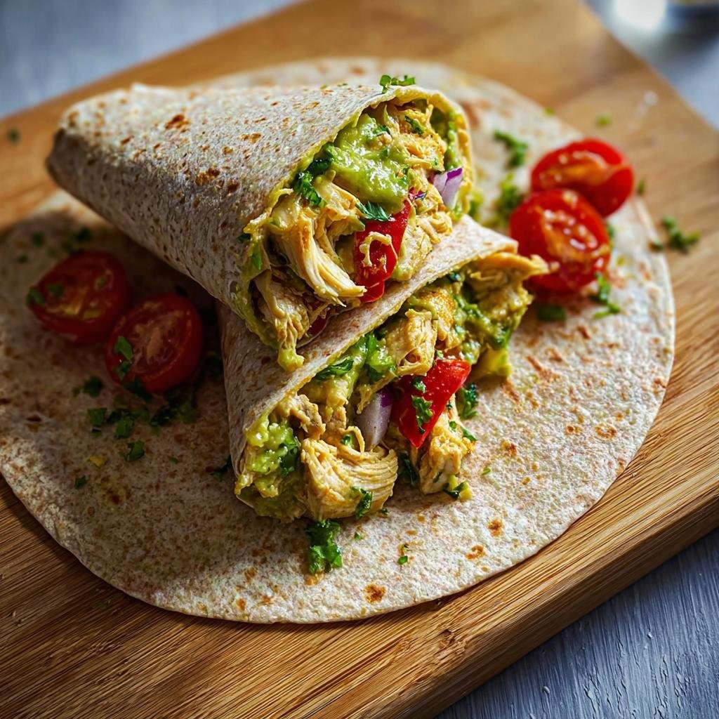 Two halves of a Healthy Chicken Avocado Wrap filled with shredded chicken, avocado, tomatoes, and red onion, garnished with parsley.
