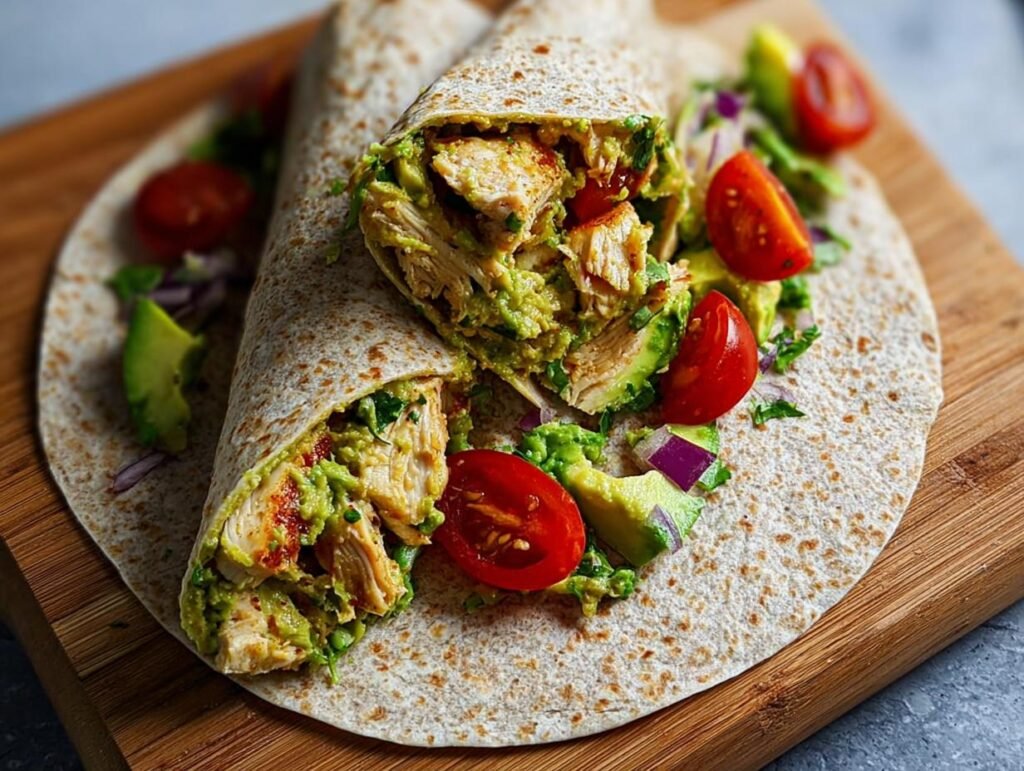A delicious Healthy Chicken Avocado Wrap cut in half, revealing shredded chicken, creamy avocado, tomatoes, and red onion.