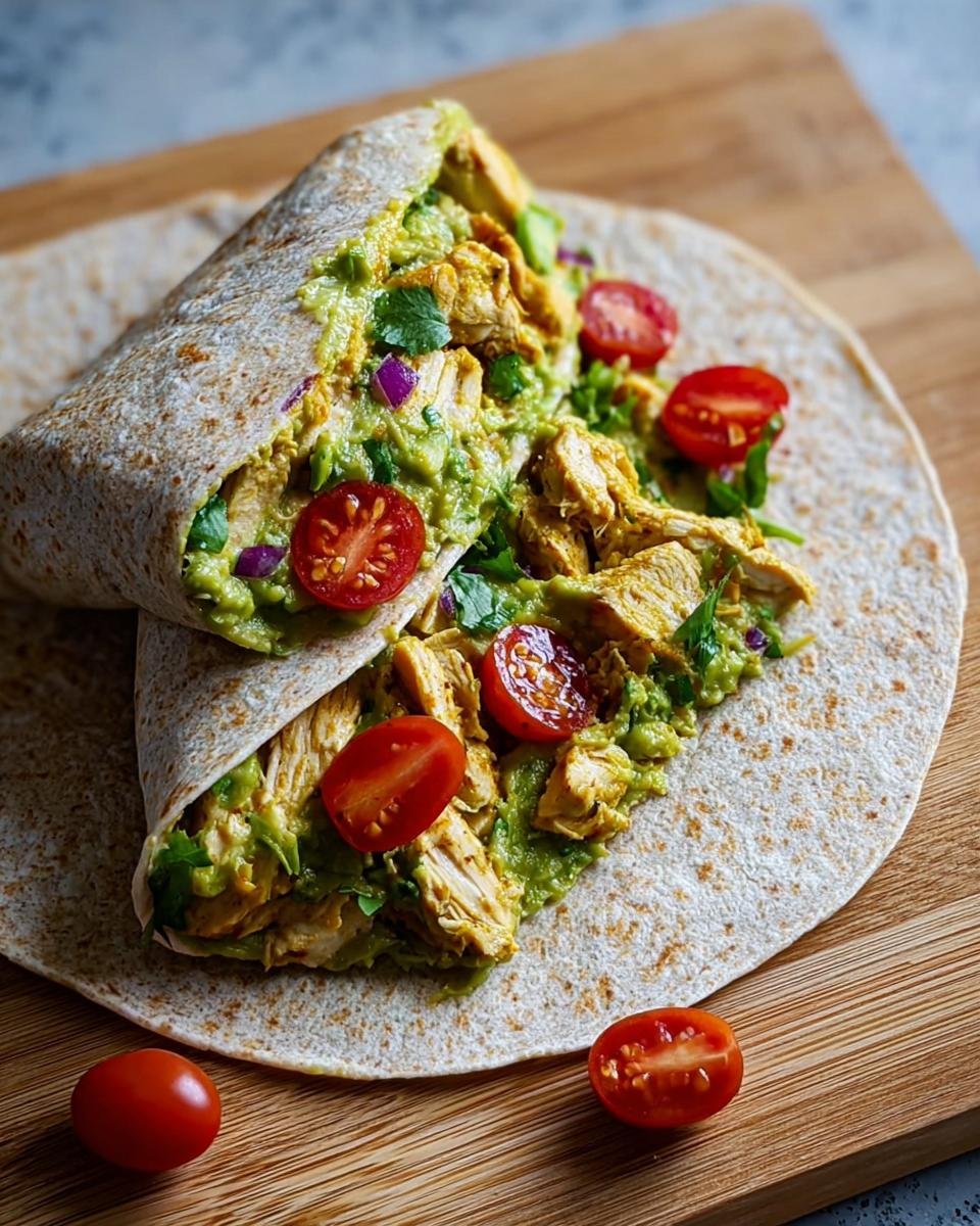 A delicious Healthy Chicken Avocado Wrap filled with shredded chicken, mashed avocado, red onion, and cherry tomatoes.