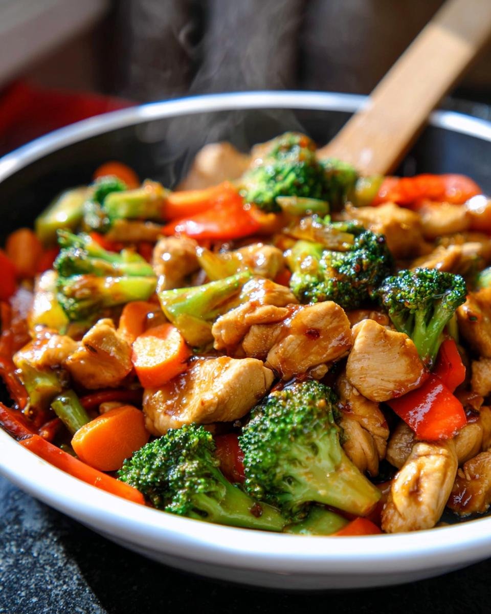 A close-up of Healthy Stir-Fry Chicken with broccoli florets, sliced carrots, and red bell peppers in a glossy sauce.