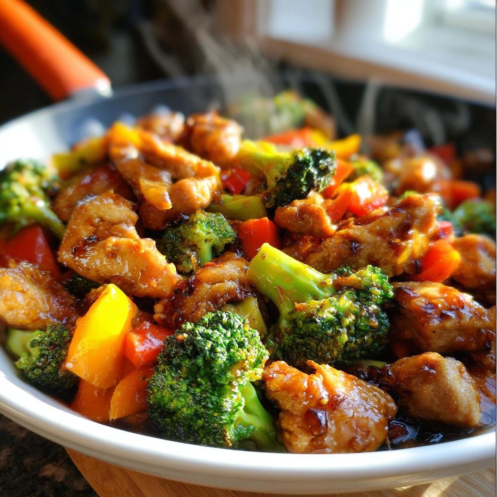 A close-up of steaming Healthy Stir-Fry Chicken with broccoli florets and colorful bell peppers in a glossy sauce.
