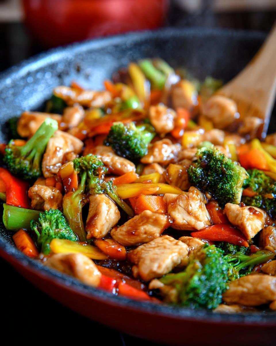 Close-up of Healthy Stir-Fry Chicken with broccoli, bell peppers, and carrots in a wok.
