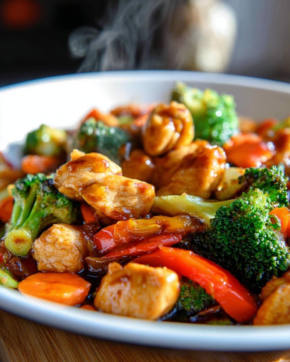 A close-up of healthy stir-fry chicken with vibrant broccoli, carrots, and red bell peppers in a glossy sauce.
