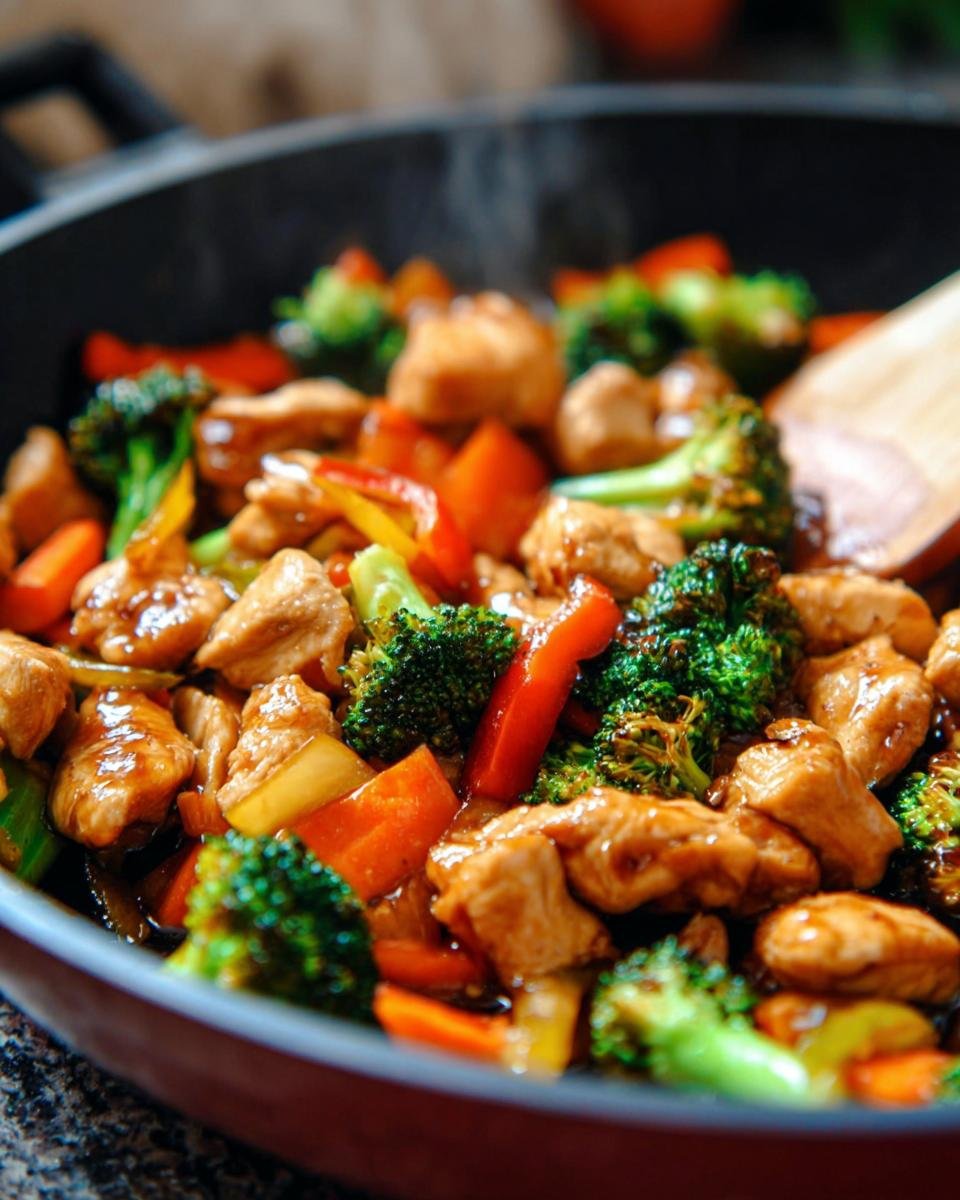 Close-up of Healthy Stir-Fry Chicken with broccoli florets, chopped carrots, and red bell peppers in a glossy sauce.