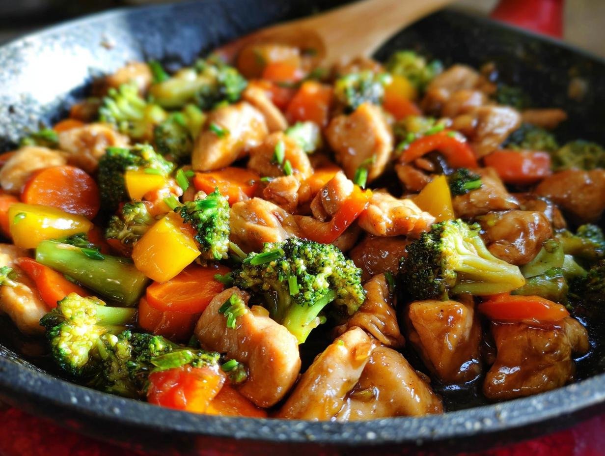 Close-up of a pan filled with Healthy Stir-Fry Chicken, broccoli, carrots, and bell peppers in a glossy sauce.