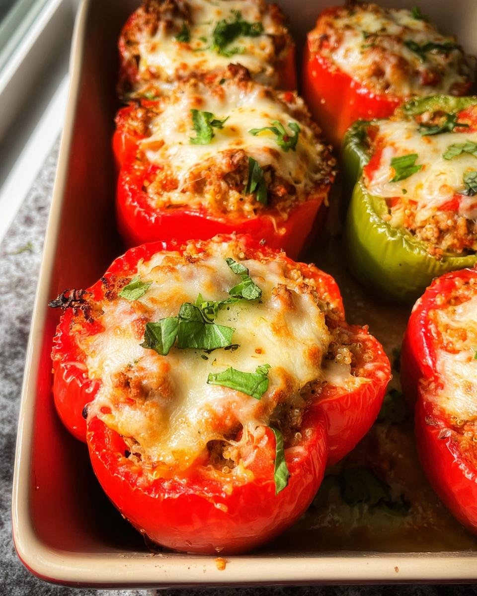Close-up of baked Healthy Stuffed Peppers filled with a savory mixture and topped with melted cheese and fresh herbs.