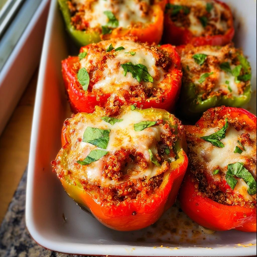Close-up of baked Healthy Stuffed Peppers filled with quinoa and topped with melted cheese and fresh herbs.