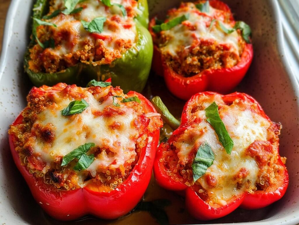 Close-up of Healthy Stuffed Peppers filled with quinoa and topped with melted cheese and basil.
