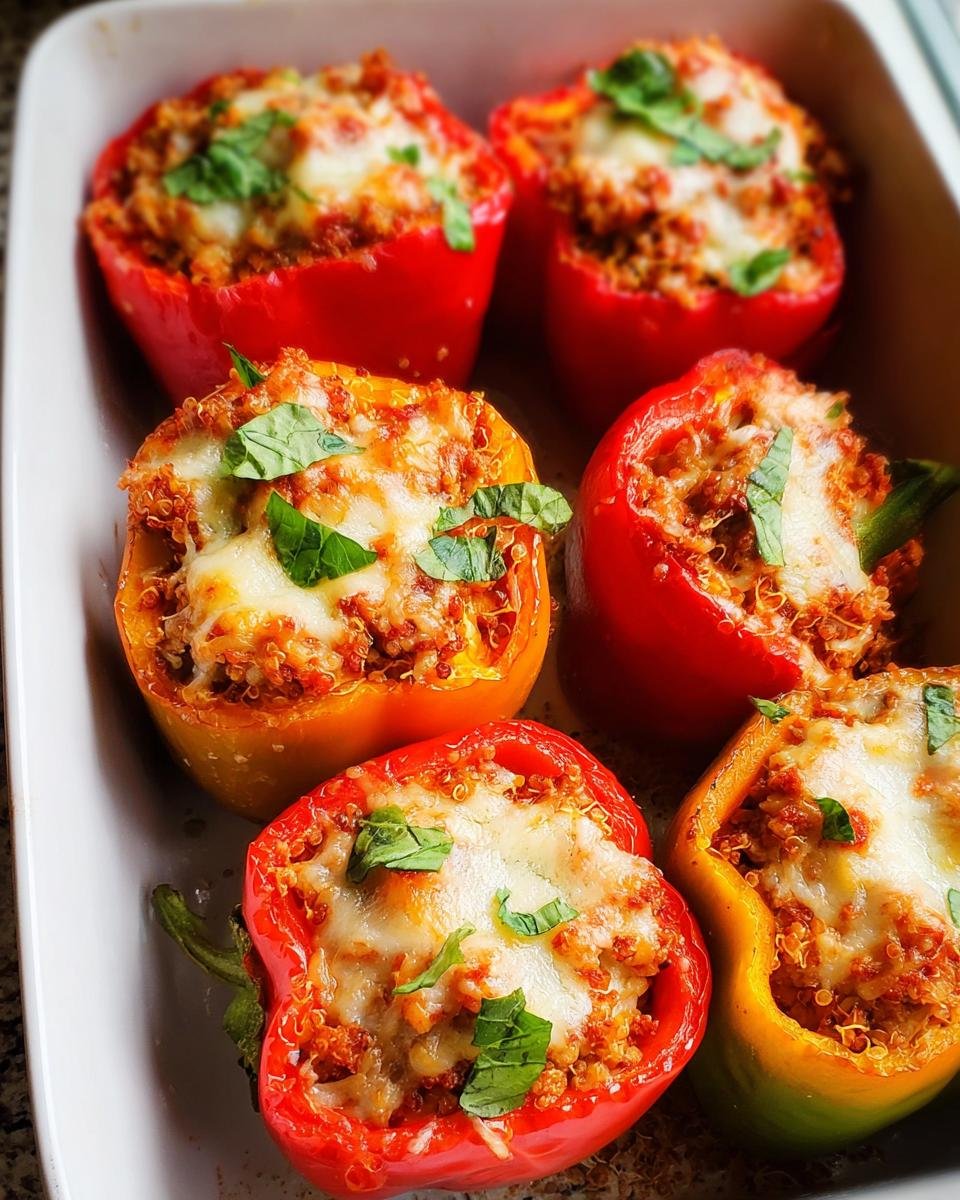 Close-up of healthy stuffed peppers filled with quinoa and topped with melted cheese and fresh basil.