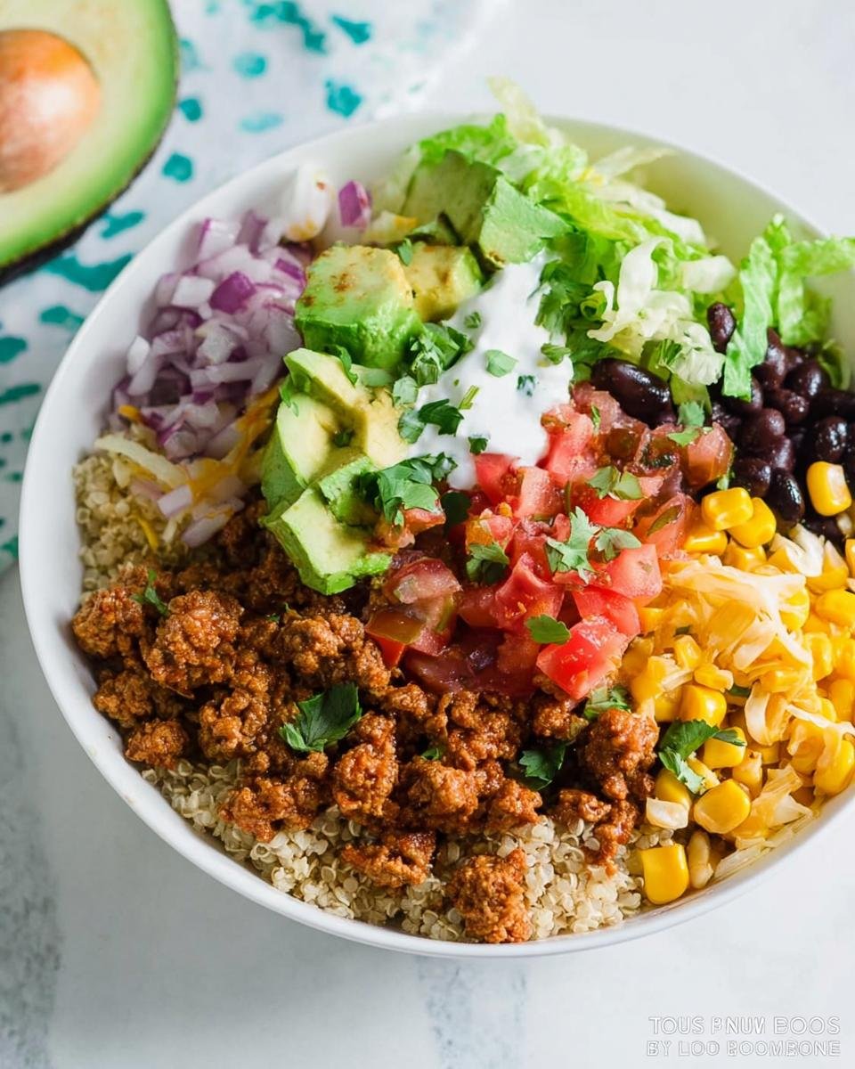 A vibrant and healthy taco bowl filled with seasoned ground beef, quinoa, black beans, corn, avocado, tomatoes, and lettuce.