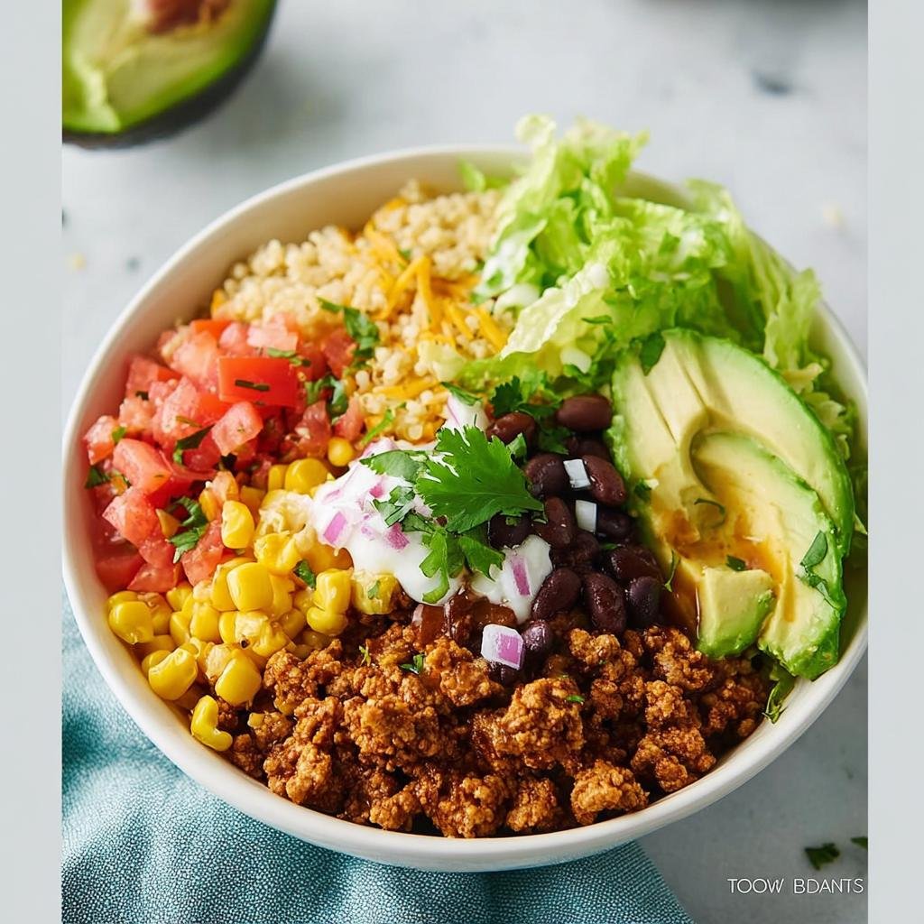 A vibrant and colorful Healthy Taco Bowl filled with seasoned ground meat, corn, tomatoes, black beans, lettuce, avocado, and sour cream.