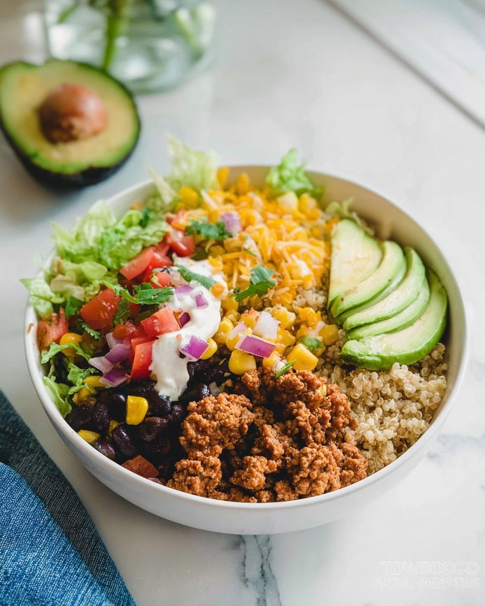 A vibrant Healthy Taco Bowl filled with seasoned ground meat, black beans, corn, lettuce, tomatoes, cheese, sour cream, and avocado slices.