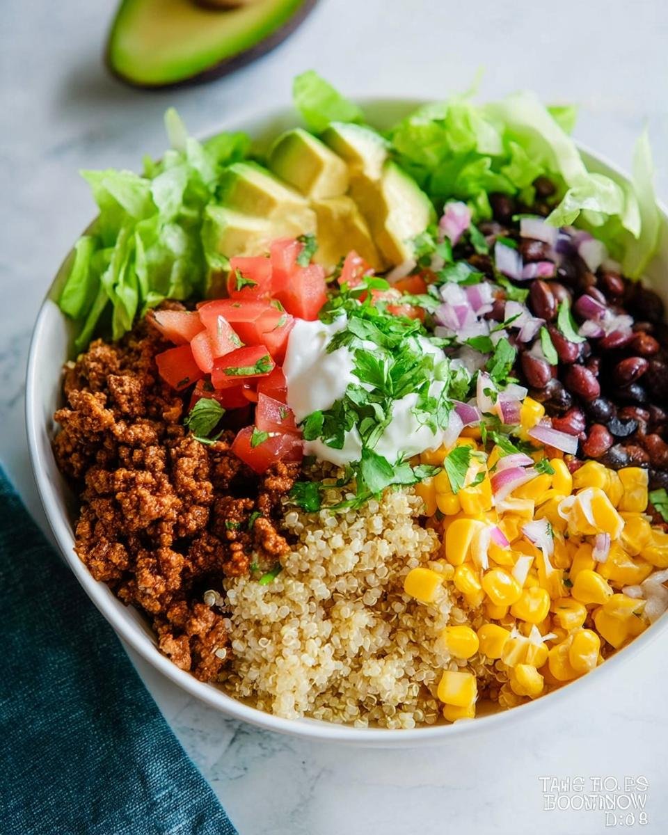 A vibrant and delicious Healthy Taco Bowl filled with seasoned ground meat, quinoa, black beans, corn, tomatoes, avocado, lettuce, and sour cream.