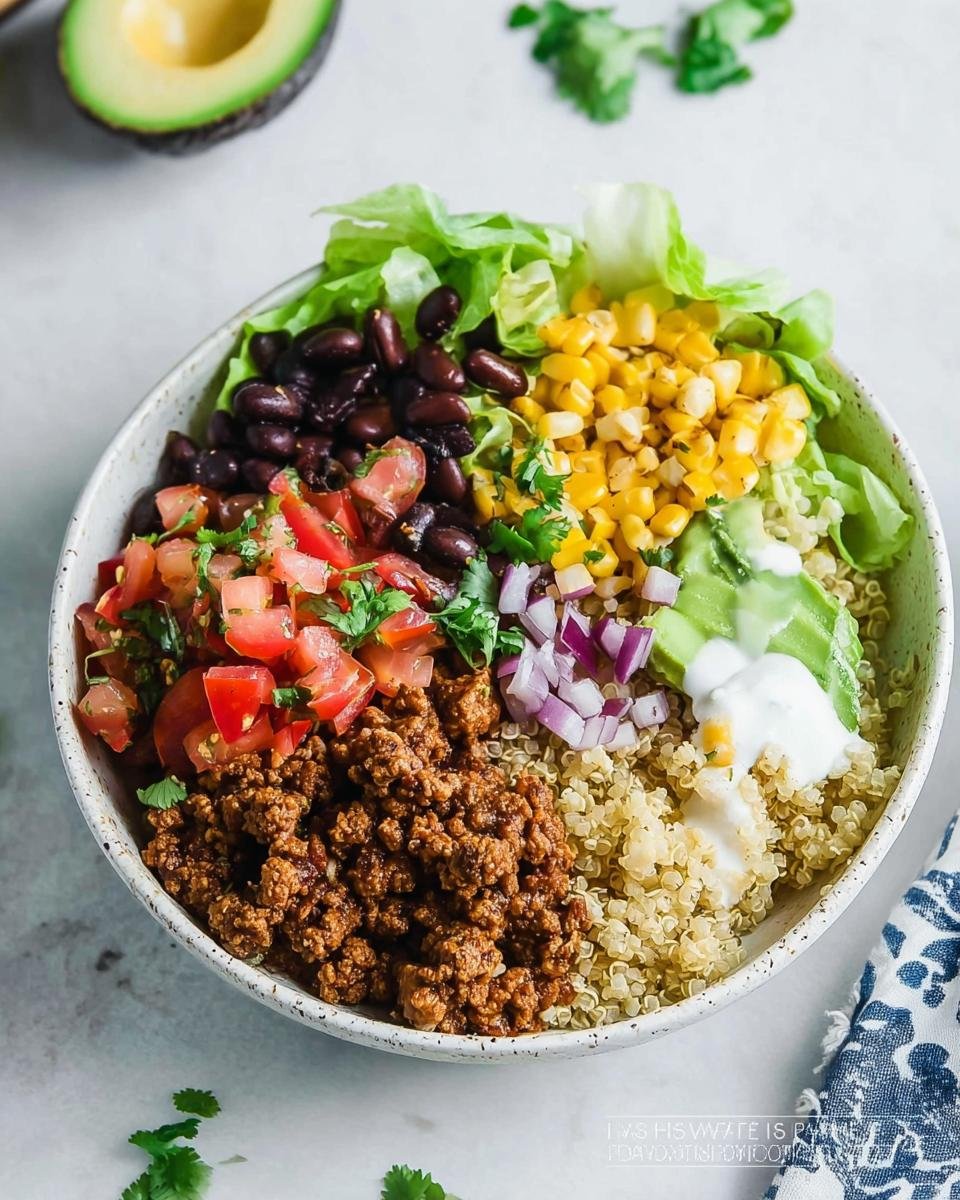 A vibrant and delicious Healthy Taco Bowl with seasoned ground meat, quinoa, black beans, corn, pico de gallo, avocado, and lettuce.