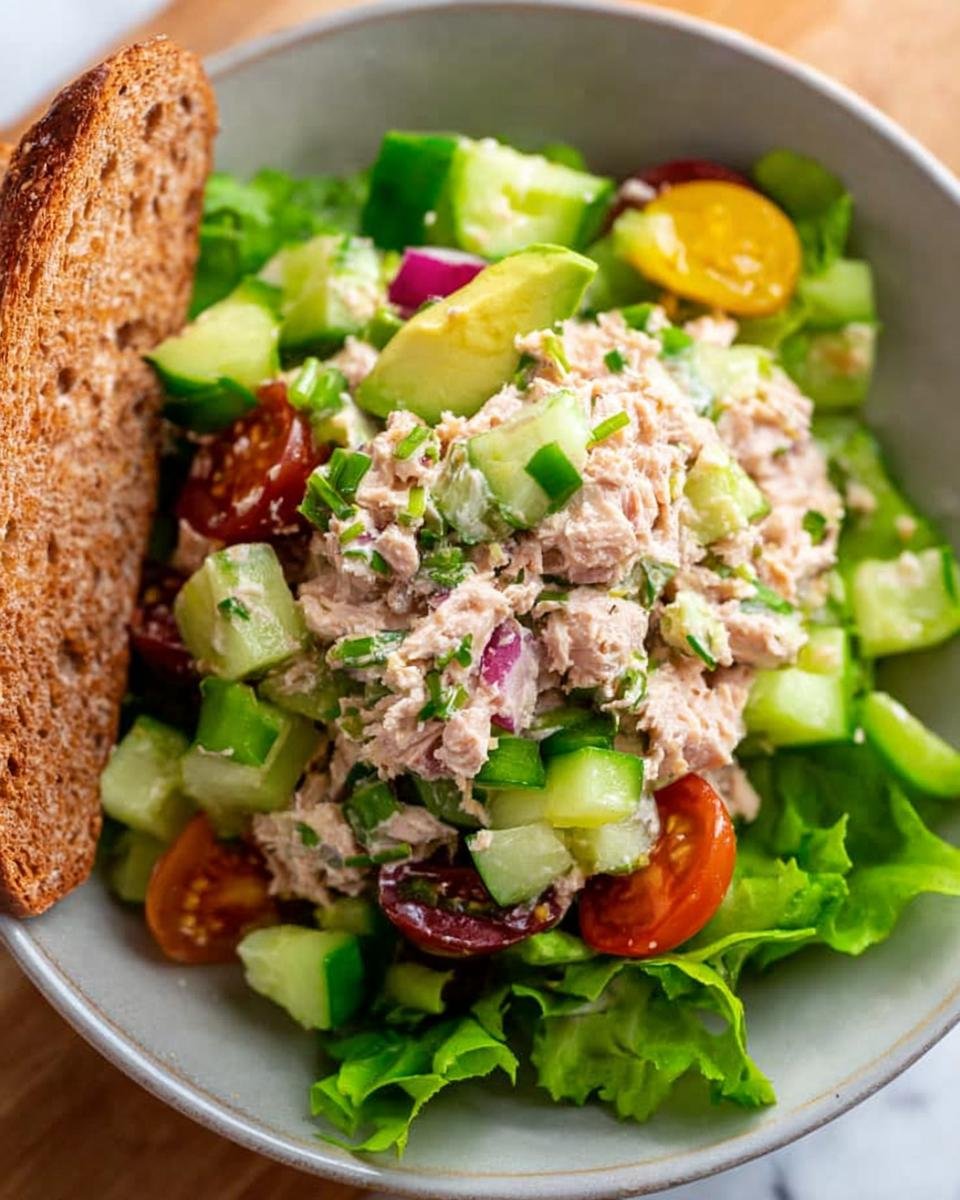 A vibrant Healthy Tuna Salad Bowl featuring flaked tuna, cucumber, cherry tomatoes, avocado, red onion, and lettuce, served with whole-grain bread.
