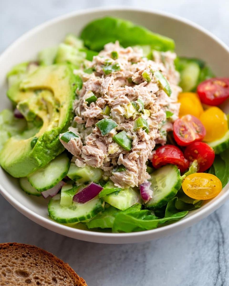 A vibrant Healthy Tuna Salad Bowl featuring flaked tuna, creamy avocado, crisp cucumber, cherry tomatoes, and leafy greens.