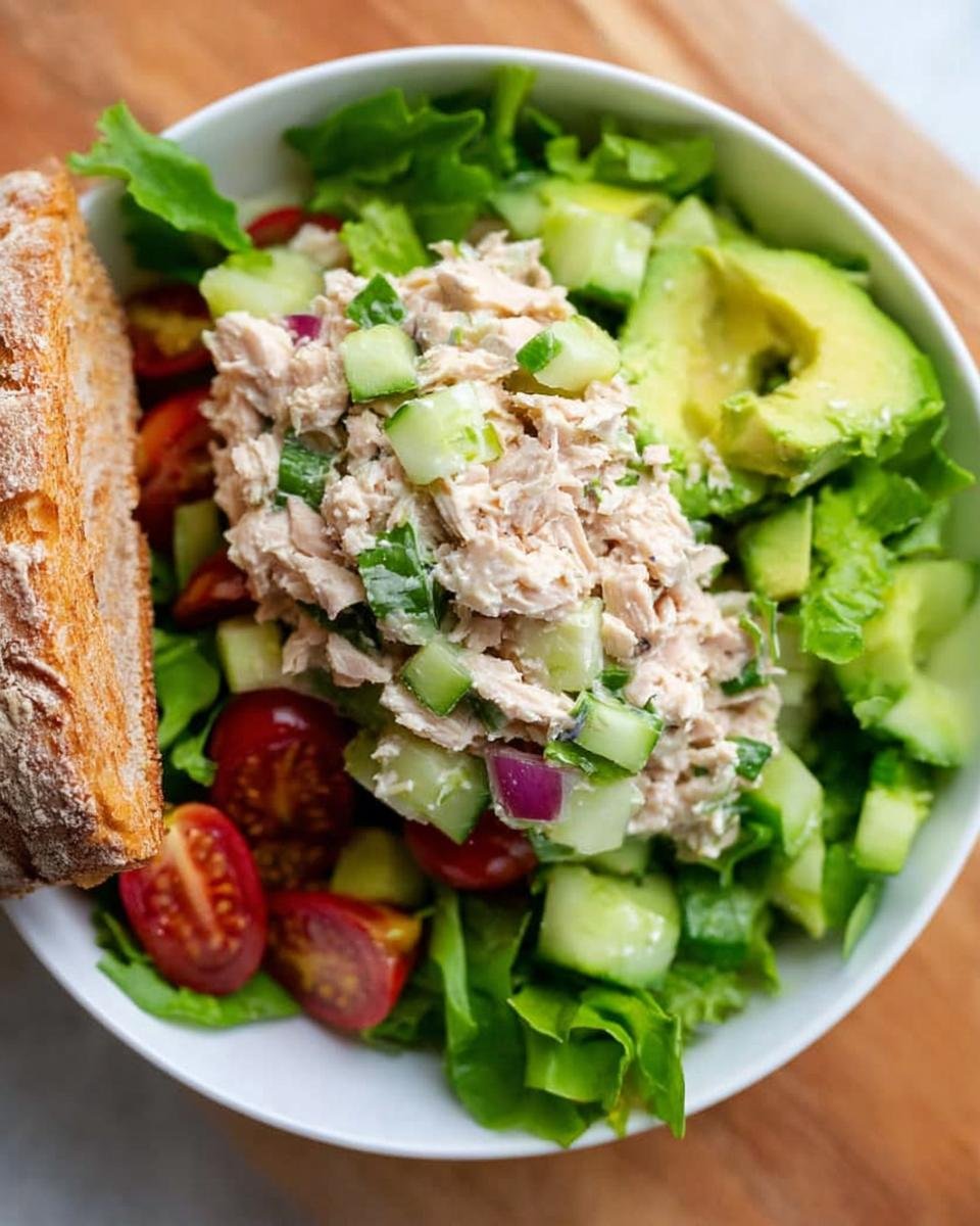 A vibrant Healthy Tuna Salad Bowl featuring flaked tuna, cucumber, red onion, cherry tomatoes, avocado, and lettuce, served with a slice of crusty bread.