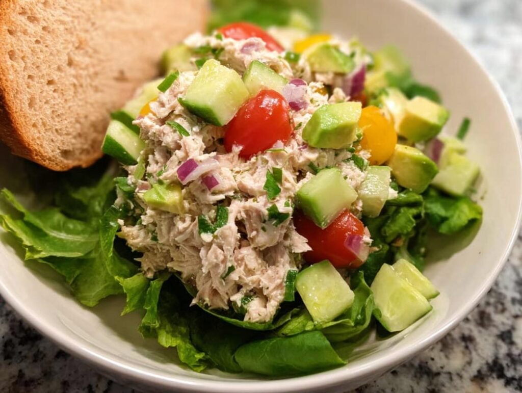 A vibrant Healthy Tuna Salad Bowl featuring flaked tuna, avocado, cucumber, tomatoes, and red onion on a bed of lettuce, served with a slice of bread.