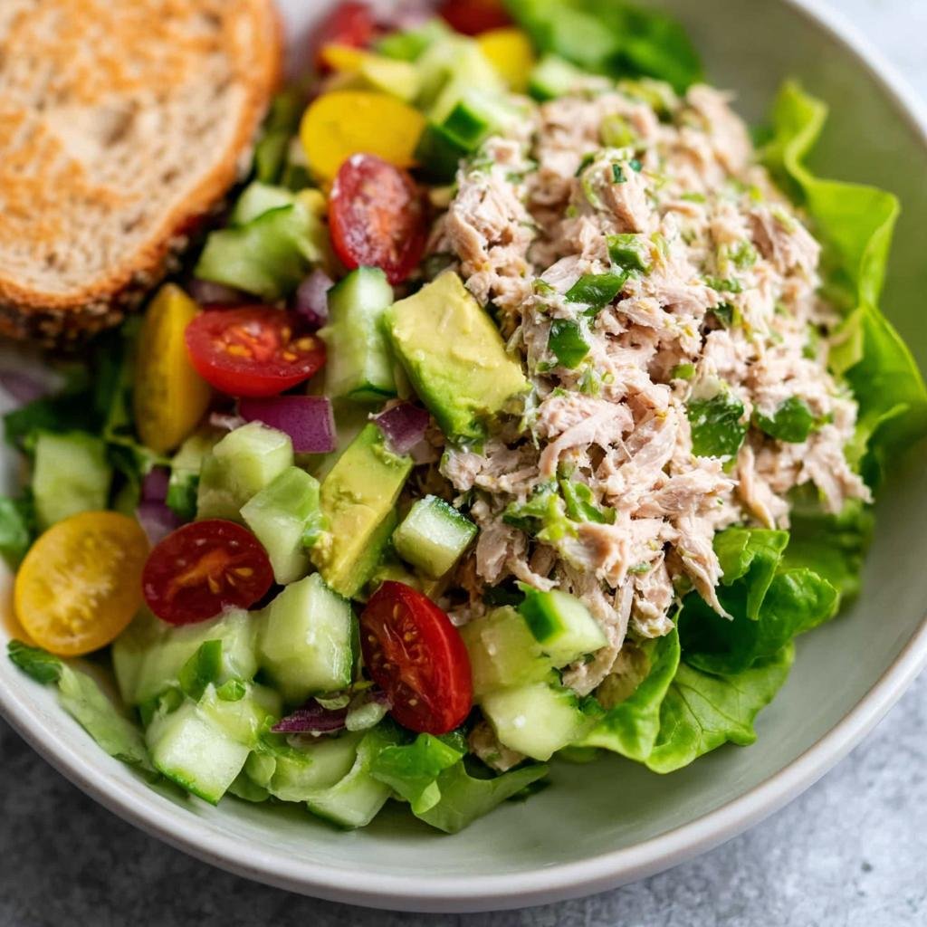 A vibrant Healthy Tuna Salad Bowl featuring flaked tuna, avocado, cherry tomatoes, cucumber, and red onion on lettuce, with a slice of toast.