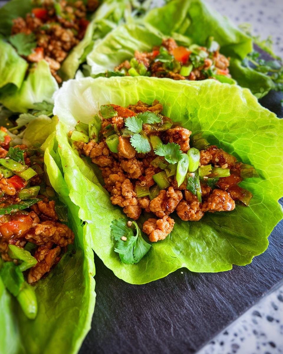 Close-up of healthy turkey lettuce wraps filled with seasoned ground turkey and topped with fresh cilantro and green onions.