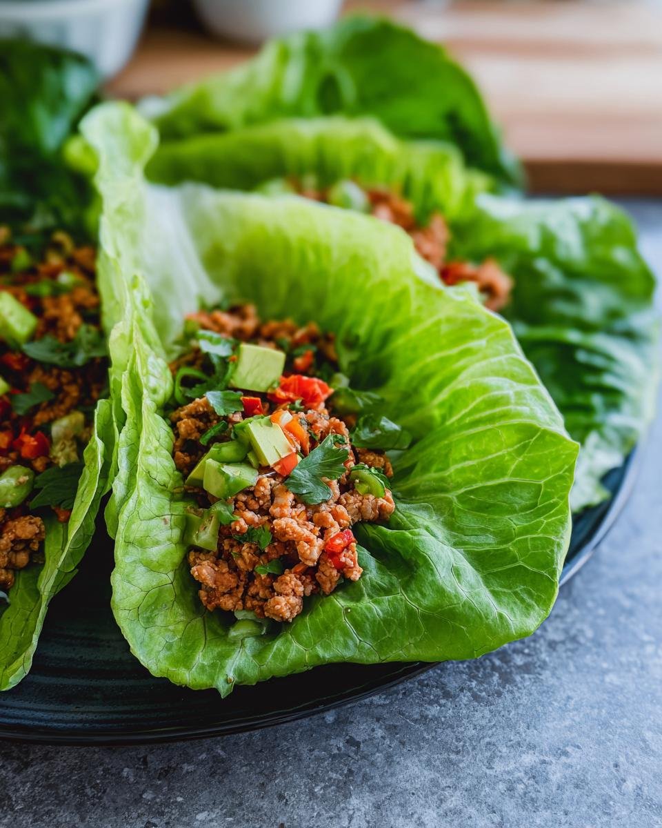 Close-up of Healthy Turkey Lettuce Wraps filled with seasoned ground turkey, diced avocado, red peppers, and cilantro.