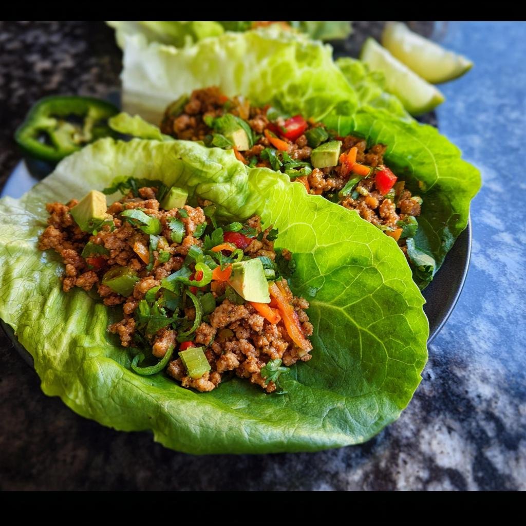 Close-up of delicious Healthy Turkey Lettuce Wraps filled with seasoned ground turkey, avocado, and fresh vegetables.