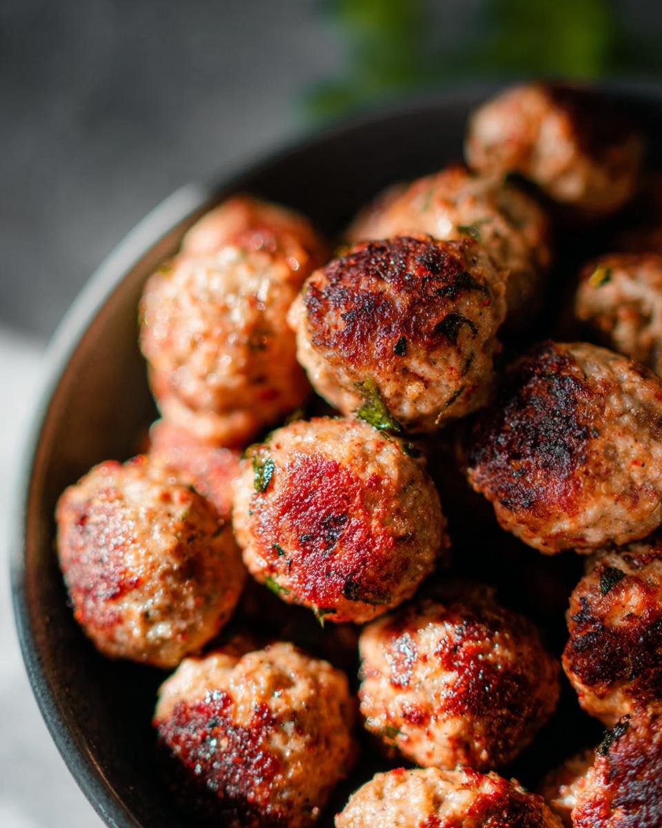 A close-up shot of a bowl filled with perfectly cooked, golden-brown healthy turkey meatballs, some with visible herbs.