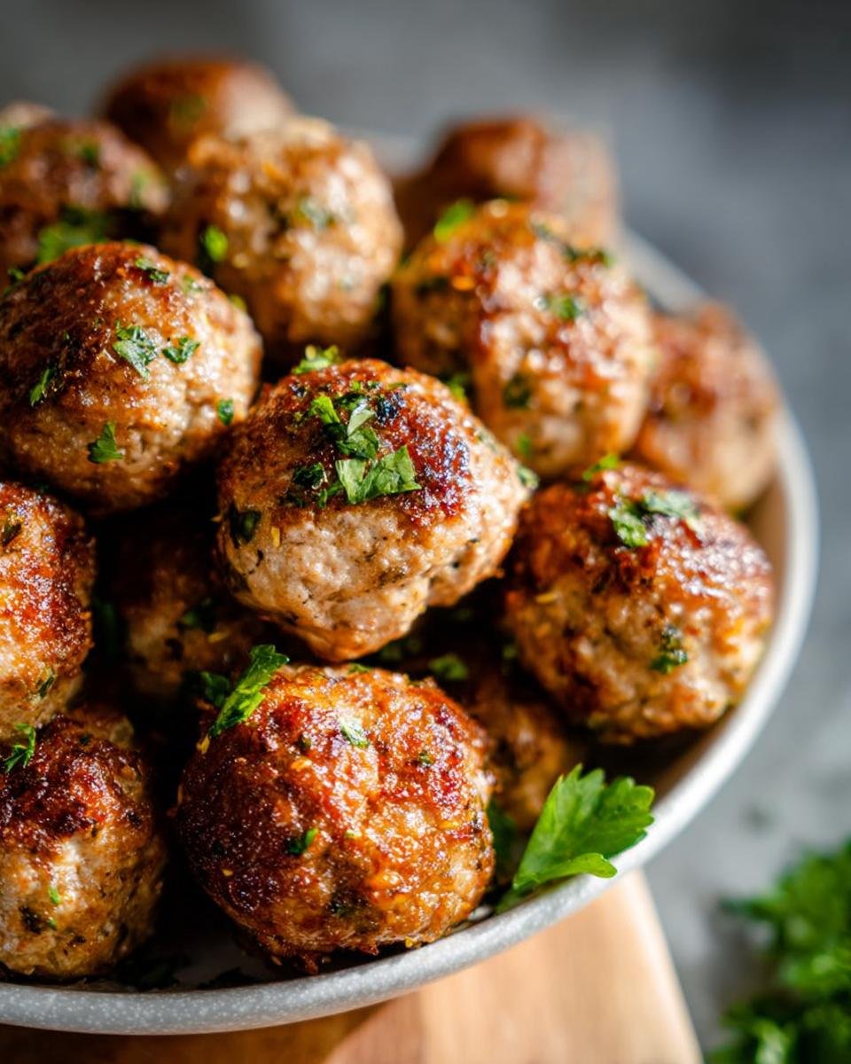 A close-up shot of a bowl filled with perfectly cooked Healthy Turkey Meatballs, garnished with fresh parsley.