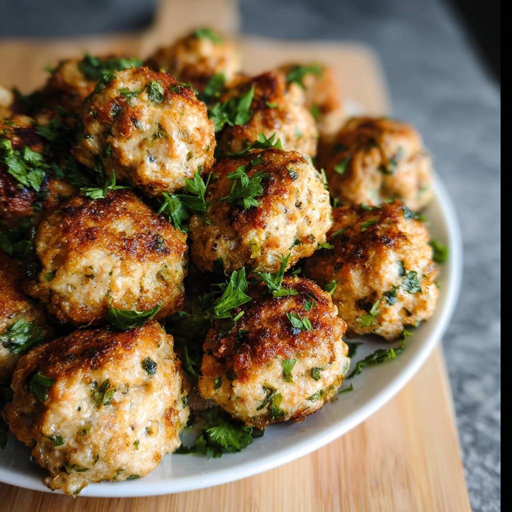 A close-up of golden-brown Healthy Turkey Meatballs, garnished with fresh parsley, served on a white plate.