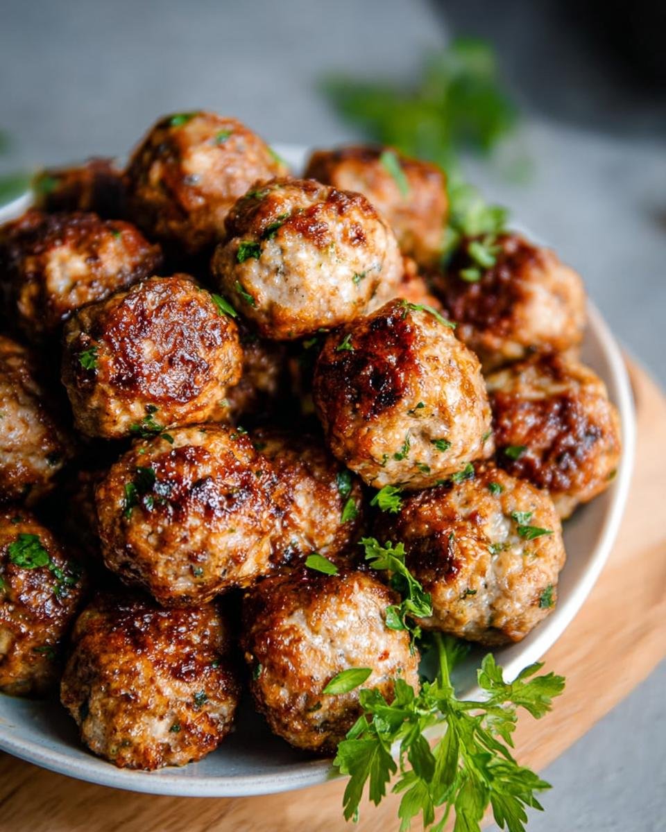A close-up of a pile of golden-brown, juicy Healthy Turkey Meatballs, garnished with fresh parsley.