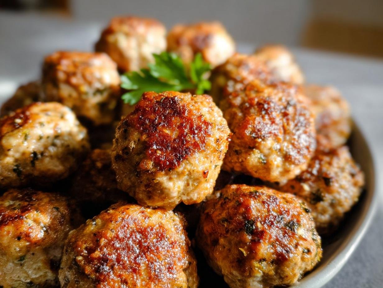 Close-up of a pile of golden-brown Healthy Turkey Meatballs, garnished with a sprig of parsley.