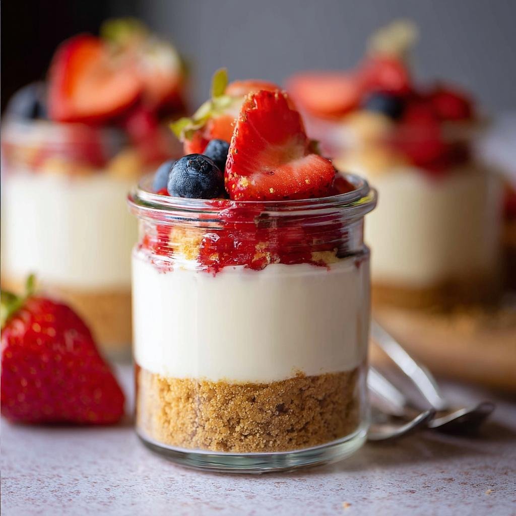 A close-up of a High Protein Cheesecake Jar layered with graham cracker crust, creamy filling, berry compote, and fresh strawberries and blueberries.