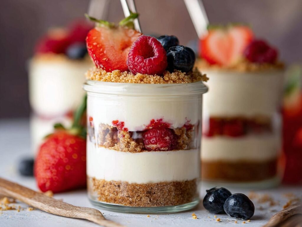 Close-up of a high protein cheesecake jar layered with creamy filling, crushed biscuit, and fresh berries like strawberries and blueberries.