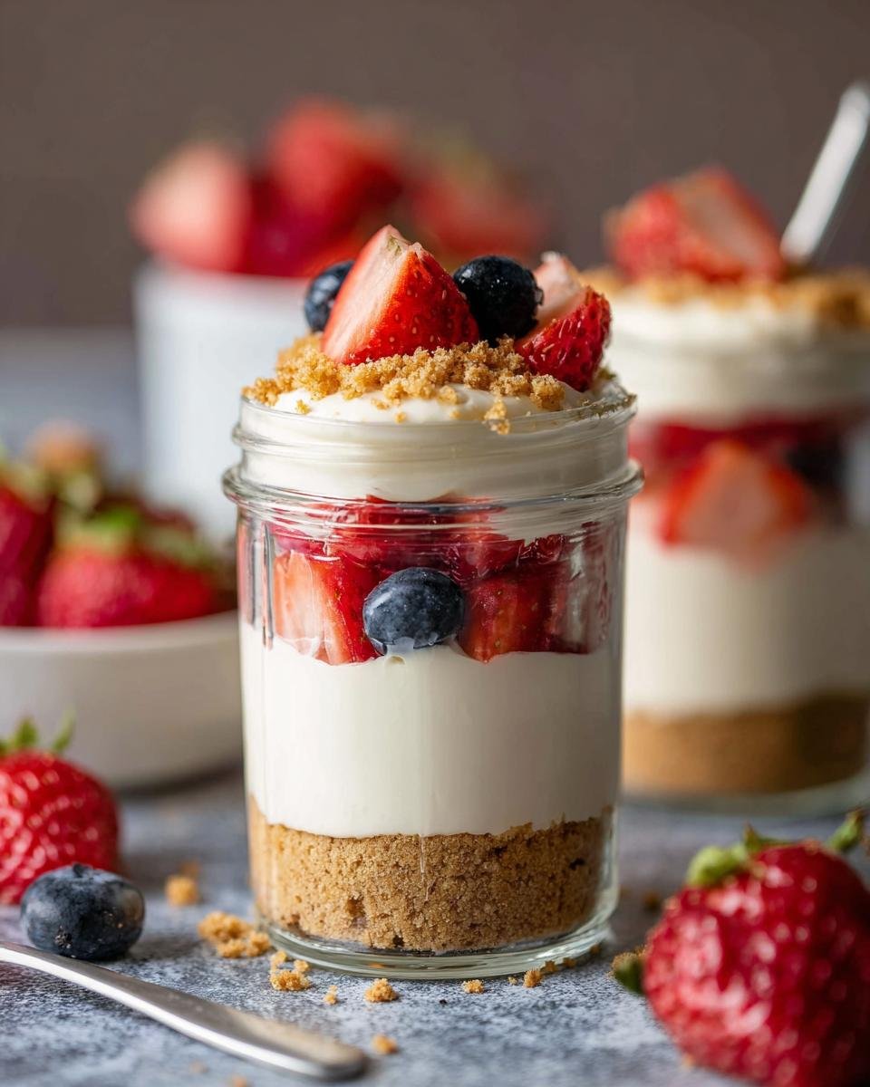 A close-up of a High Protein Cheesecake Jar layered with graham cracker crust, creamy filling, strawberries, and blueberries.